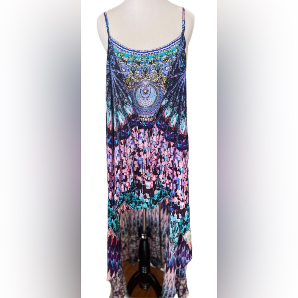 Camilla Maxi Dress Mini w/ Long Over Layer Tie Front Hi-Lo Sparkled Mixed Print - Picture 4 of 13